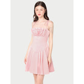 Silk mini dress with ruched bodice, flared pleated skirt and adjustable tie straps